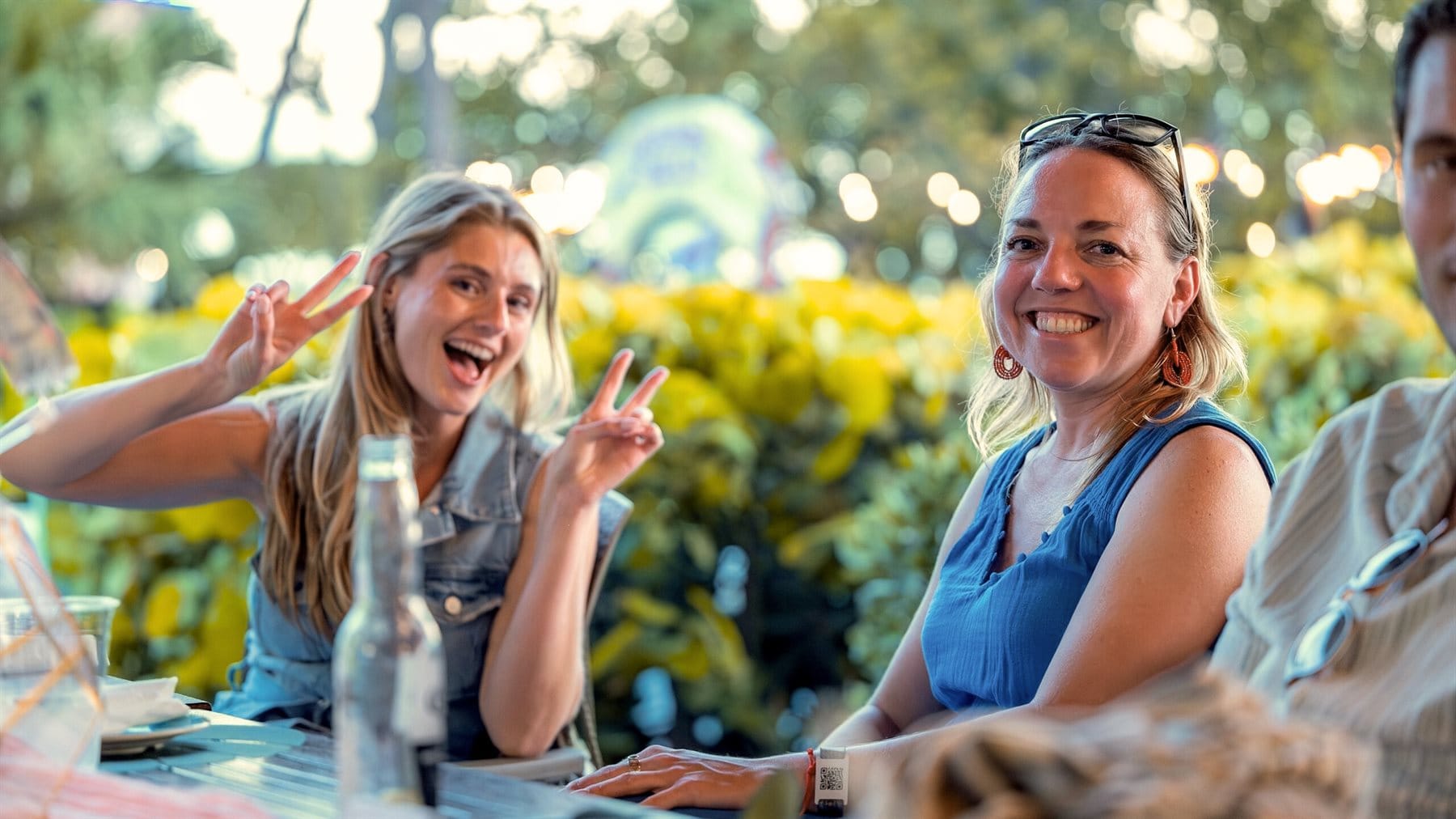 Team members laughing together outside